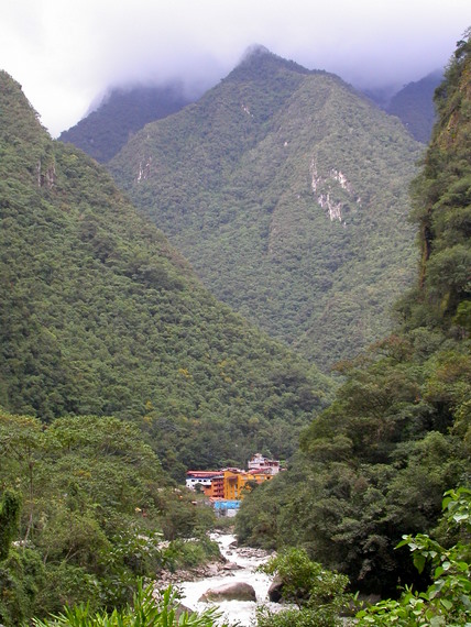 view from the road to Machu Picchu back to Aguas Calientes. The orange house: hotel .